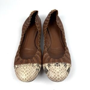 Tory Burch Abbey Flats 6.5 Brown Snakeskin Cap Toe Leather‎ Slip On Gold Logo